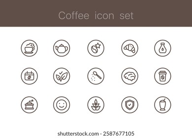 Set of cafe icons - coffee, cappuccino, croissant and others. Americano takeout. Coffee to go. Black icons isolated on white background. Coffee time, collection of signs. vector illustration