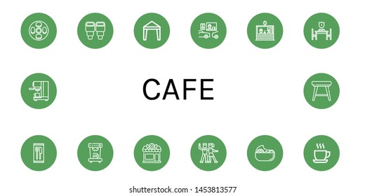 Set of cafe icons such as Cheesecake, Pastry, Canopy, Drive thru, Coffee shop, Reservation, Cutlery, Coffee machine, Candy shop, Salsa, Salad, Cup, Coffee maker, Stool , cafe