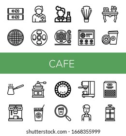 Set of cafe icons. Such as Instant coffee, Beans, Waitress, Cheesecake, Bartender, Sushi roll, Salad, Pizza, Coffee table, Paper cup, Cezve, Coffee maker, grinder , cafe icons