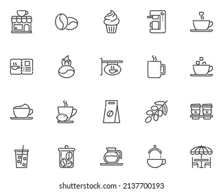 set of cafe line icons, coffee, tea, hot drinks