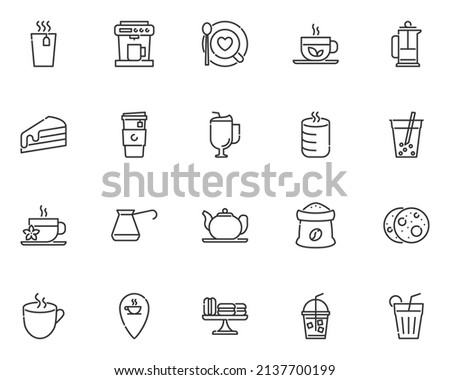 set of cafe line icons, coffee, tea, hot drinks