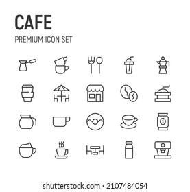 Conjunto de iconos de línea de café. Paquete de carteles de moda. Pixel perfecto objetos para interfaz de usuario, aplicaciones y web. 