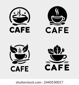 Set of cafe logos, coffee silhouettes and leaves