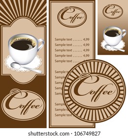 Set for the cafe menu, business card and coasters for drinks. All elements are grouped. Vector images for easy editing.