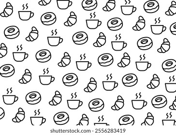 A set of cafe menu donut, coffee and croissant icon with seamless pattern vector, print and packaging, fashion