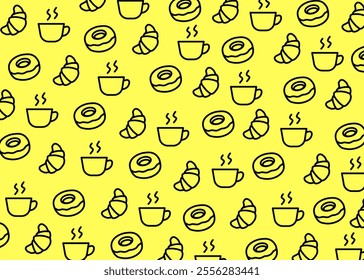 A set of cafe menu donut, coffee and croissant iconwith seamless pattern vector, print and packaging, fashion, yellow