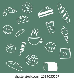 A set of cafe menu doodle on green background
