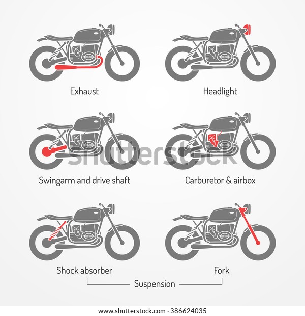 Set of cafe racer motorcycle parts. Cafe racer\
motorcycle symbols in silhouette style. Cafe racer motorcycle\
vector stock illustration. Motorcycle shop icons, fork, shock\
absorber, exhaust, brakes.\
