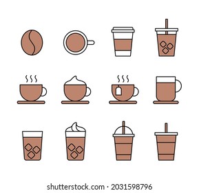 A set of cafe related icon illustrations such as coffee, iced coffee, americano, and takeout.