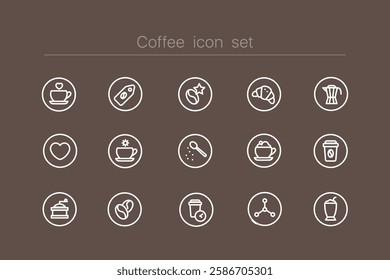 Set of cafe related icon such as coffee, iced coffee, americano and takeout. White icons on dark background. Coffee time, collection of signs and pictograms. Line style. vector illustration