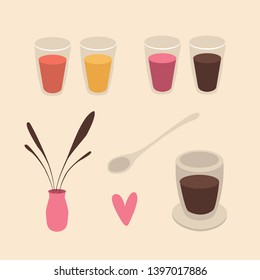 Set of cafe restaurant interior objects and drinks. Flat design