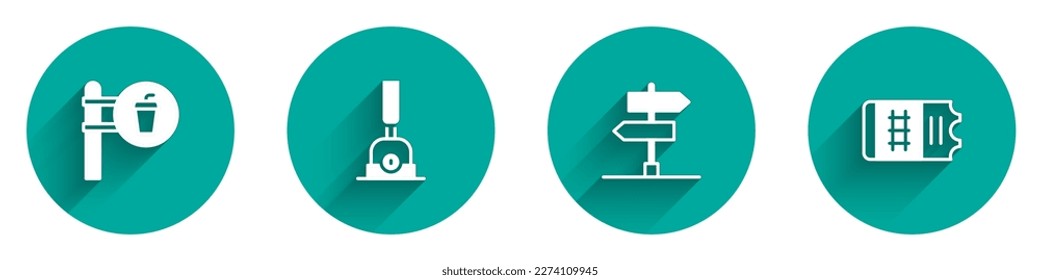 Set Cafe and restaurant location, Arrow for switching the railway, Road traffic sign and Train ticket icon with long shadow. Vector