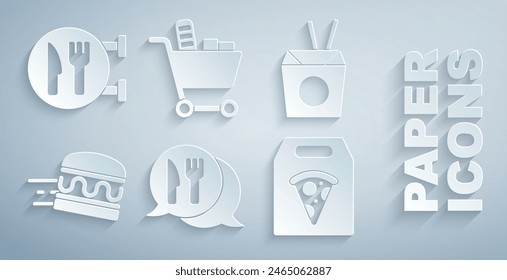 Set Cafe and restaurant location, Asian noodles chopsticks, Online ordering burger delivery, pizza, Shopping cart food and  icon. Vector