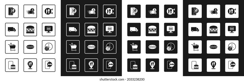 Set Cafe and restaurant location, Burger, Fast delivery by car, Online ordering, burger, Round the clock and Shopping cart food icon. Vector