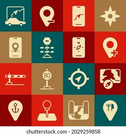 Set Cafe and restaurant location, City map navigation, Location, Road barrier,  and Compass mobile icon. Vector