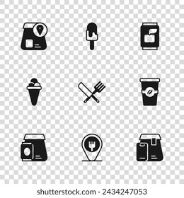 Set Cafe and restaurant location, Coffee cup to go, Online ordering food, Crossed knife fork, Soda can, Ice cream and waffle icon. Vector