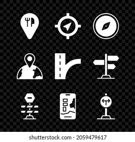Establezca la ubicación del café y restaurante, Compass, Road Barr, City map navigation, Fork in the road, Location globe e icon del signo del tráfico. Vector
