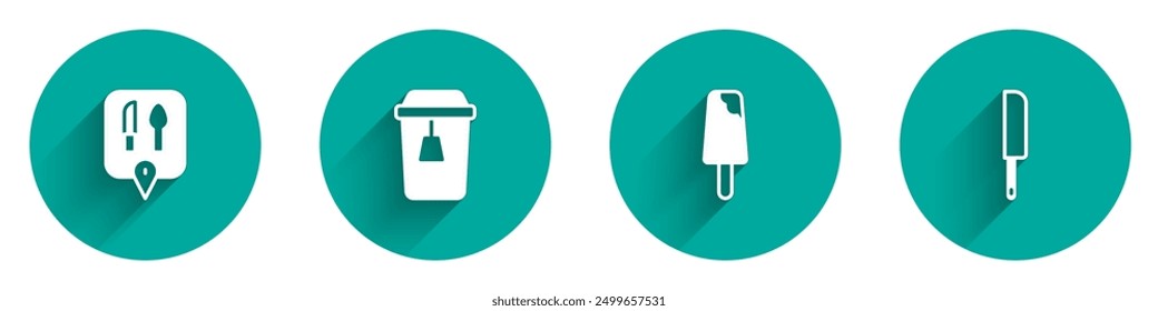 Set Cafe and restaurant location, Cup of tea, Ice cream and Knife icon with long shadow. Vector