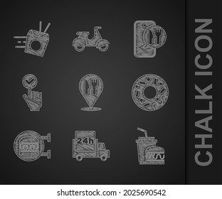 Set Cafe and restaurant location, Fast delivery by car, Paper glass burger, Donut, Online ordering,  and noodles icon. Vector