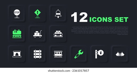Establezca la ubicación del café y del restaurante, Bandera, maleta del tranvía, llave inglesa, cisterna del ferrocarril del petróleo, ferrocarril, ferrocarril, vía férrea, marca de exclamación en cuadrado e icono de los vagones del tren de pasajeros. Vector