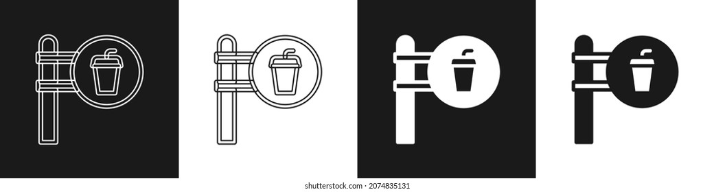 Set Cafe and restaurant location icon isolated on black and white background. Fork and spoon eatery sign inside pinpoint.  Vector.