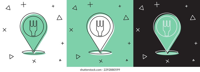 Set Cafe and restaurant location icon isolated on white and green, black background. Fork and spoon eatery sign inside pinpoint.  Vector Illustration.