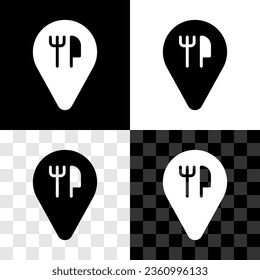 Set Cafe and restaurant location icon isolated on black and white, transparent background. Fork and spoon eatery sign inside pinpoint.  Vector.