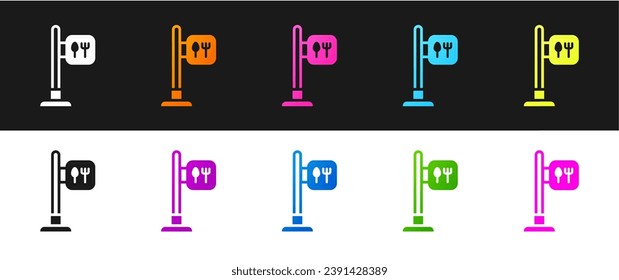 Set Cafe and restaurant location icon isolated on black and white background. Fork and spoon eatery sign inside pinpoint.  Vector.