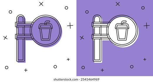 Icono de la ubicación del café y del restaurante aislado en el fondo blanco y púrpura. Tenedor y cuchara letrero de comedor dentro de un punto.  Vector.