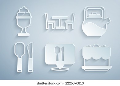 Set Cafe and restaurant location, Kettle with handle, Knife spoon, Cake, Wooden table chair and Ice cream in bowl icon. Vector