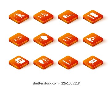 Set Cafe and restaurant location, Kettle with handle, Ice cream in bowl, Cupcake, Covered tray, Chicken egg stand, Paper or financial check and Slice of pizza icon. Vector