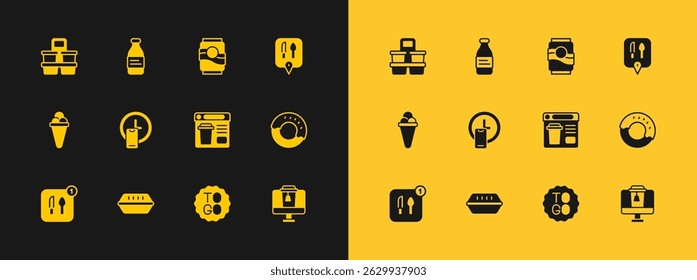 Set Cafe and restaurant location, Lunch box, Online ordering food, Coffee cup to go, Round the clock delivery, Soda can,  and Bottle water icon. Vector