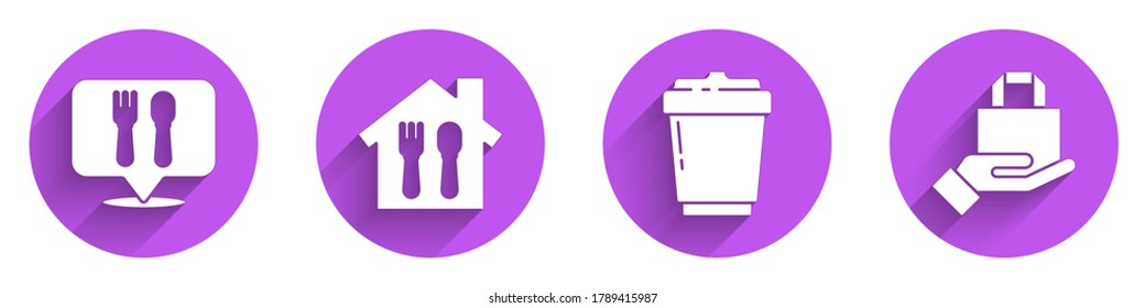 Set Cafe and restaurant location, Online ordering and delivery, Coffee cup to go and Online ordering and delivery icon with long shadow. Vector