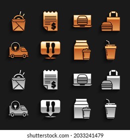 Set Cafe and restaurant location, Online ordering burger delivery, Coffee cup to go, Fast by car, Asian noodles chopsticks and Paper financial check icon. Vector