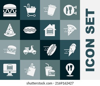 Set Cafe and restaurant location, Online ordering ice cream, pizza delivery, Coffee cup to go, Hotdog sandwich, Slice, Burger and  icon. Vector