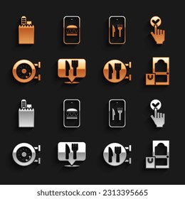 Set Cafe and restaurant location, Online ordering delivery, Donut,  and  icon. Vector