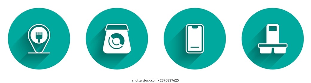 Establezca la ubicación del café y el restaurante, pedidos en línea de comida, Alimentos móviles y Café para ir a un icono con sombra larga. Vector
