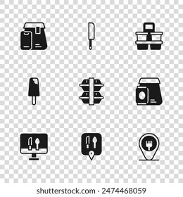 Set Cafe and restaurant location, Online ordering food, Lunch box, Coffee cup to go, Knife and Ice cream icon. Vector