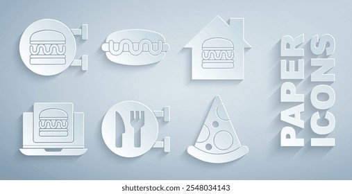Set Cafe and restaurant location, Online ordering delivery, burger, Slice of pizza, Hotdog sandwich and  icon. Vector