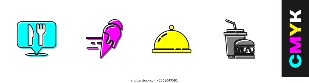 Set Cafe and restaurant location, Online ordering ice cream, Covered with tray of food and Paper glass burger icon. Vector