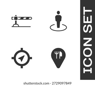 Set Cafe and restaurant location, Parking car barrier, Compass and Location with person icon. Vector