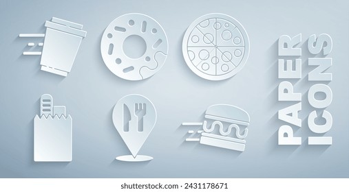 Set Cafe and restaurant location, Pizza, Online ordering delivery, burger, Donut and Coffee cup to go icon. Vector