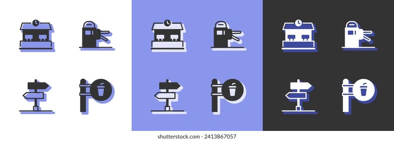 Set Cafe and restaurant location, Railway station, Road traffic sign and Turnstile icon. Vector