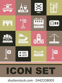 Ubicación del Café y restaurante, Ferrocarril, Toma de corriente eléctrica, Cruce de ferrocarril, Semáforo de tren, Puente para tren, Draisine handcar y Coches de pasajeros icono. Vector