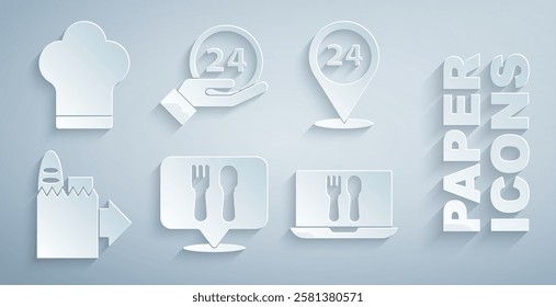 Set Cafe and restaurant location, Round the clock delivery, Online ordering, Clock 24 hours and Chef hat icon. Vector