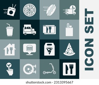 Set Cafe and restaurant location, Slice of pizza, Online ordering delivery, hotdog, Fast by car, Paper glass with water, noodles and  icon. Vector