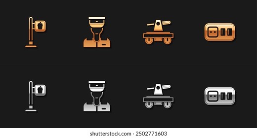 Set Cafe and restaurant location, Train conductor, Draisine handcar and Electrical outlet icon. Vector