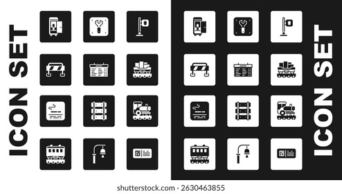 Set Cafe and restaurant location, Train station board, Road barrier, Toilet the train car, Cargo wagon, Repair of railway, Vintage locomotive and Smoking area icon. Vector