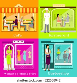 Set cafe restaurant shop hairdresser. Barbershop salon, woman clothing store, building house architecture, town facade, awning and boutique illustration in flat design