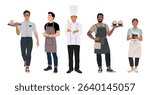 Set of cafe and restaurant workers in uniform, including chef, waiter, waitress, and barista. Full-length characters isolated on white, perfect for food service and hospitality designs.